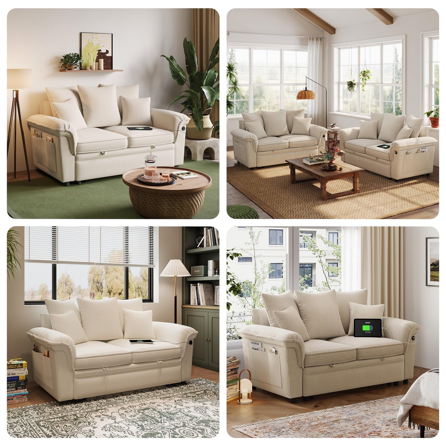 LINSY HOME Sectional Loveseat Sofa with Pull Out Chaise (Beige, 62.5'')