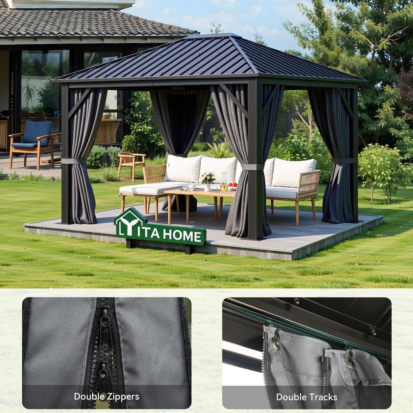YITAHOME 10'X12' Single Hardtop Gazebo Metal Outdoor Patio Galvanized Iron Aluminum Column Garden Tent Curtains Netting for Backyards Decks Lawns,Gray