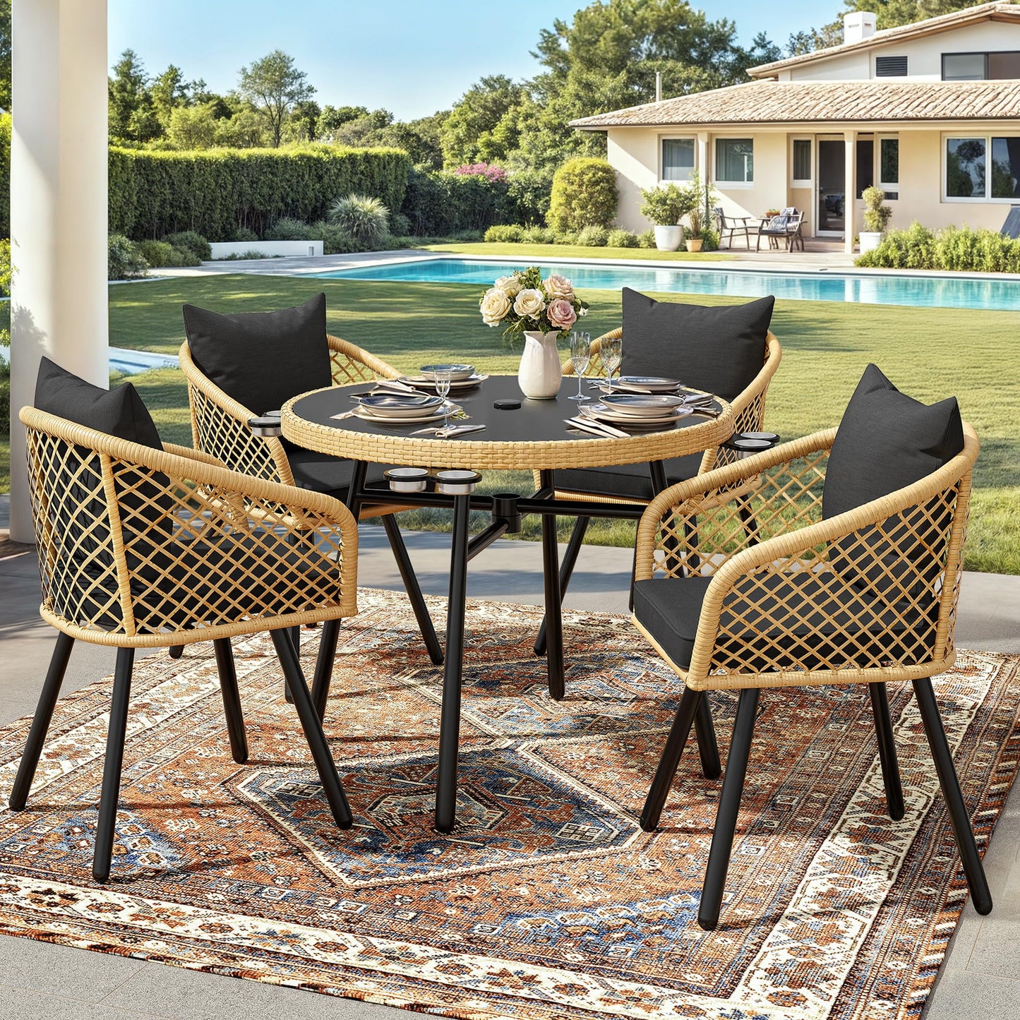 YITAHOME Outdoor Dining Set with Umbralle Hole, 5pcs Rattan Patio Dining Set for 4 with Cup Holders Soft Cushions and Glass Top Dining Table for Patio, Backyard, Garden, Bacony, Light Brown & Black