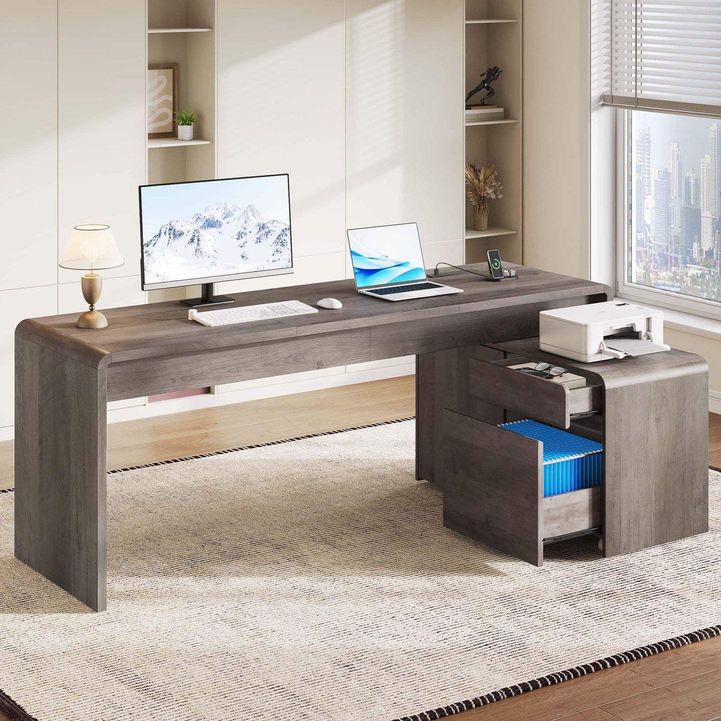 Homiflex Mid-Century Modern 78" L-Shaped Executive Desk with Independent Mobile File Cabinet, Large Home Office Desk with Drawers and 4 AC + 2 USB Power Outlets, Waterfall Edge Design, Oak Grey