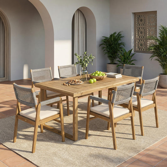 Christopher Knight Home Terry Acacia Wood Patio Dining Set for 6, Solid Wood Outdoor Dining Table Set for 6, 7 Piece Outdoor Dining Set with Rectangular Table and Woven Rope Accents, Teak+Beige+Grey