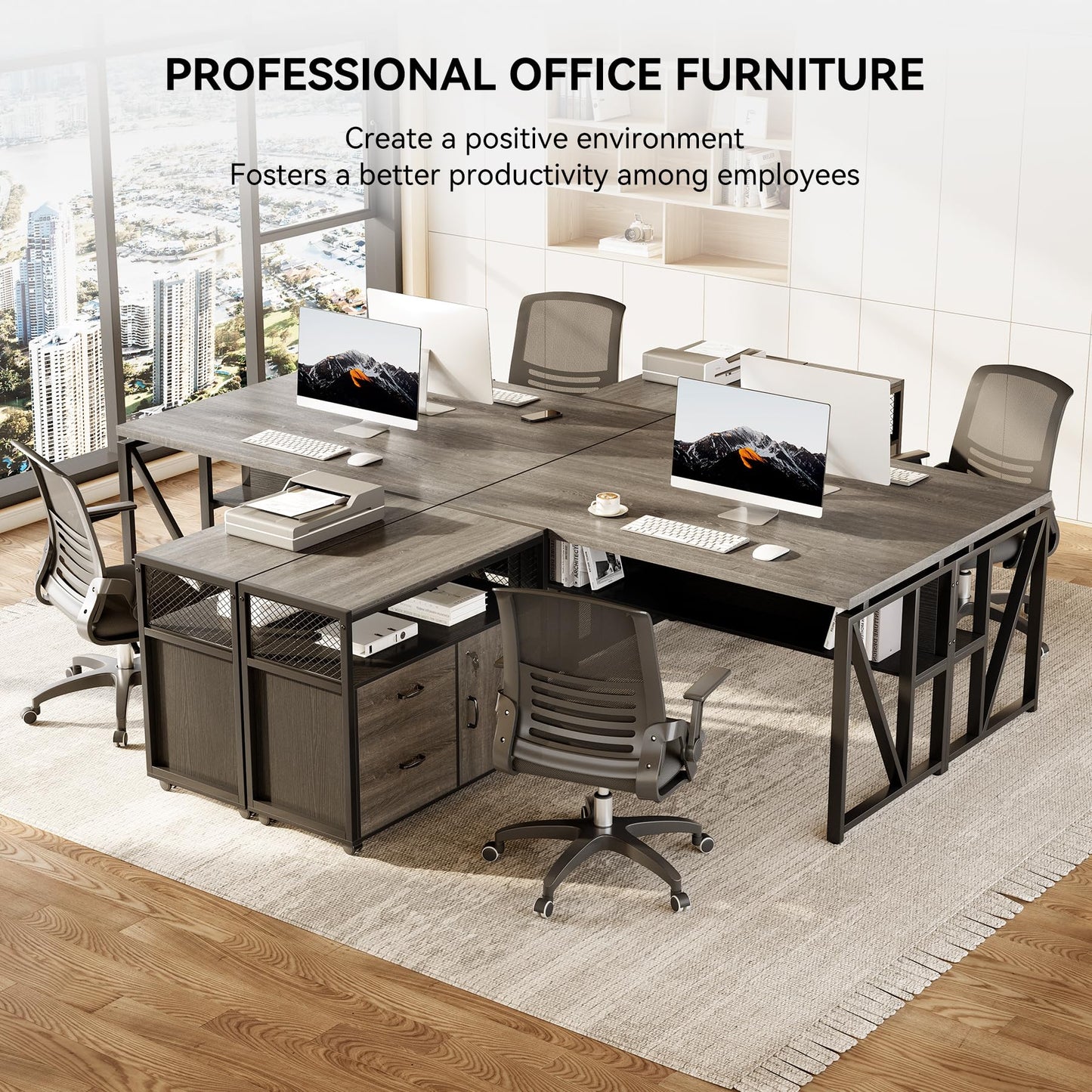 LITTLE TREE 55" Executive Computer Desk and Lateral File Cabinet, L-Shaped Office Desk for Home Office, Furniture Set, Grey