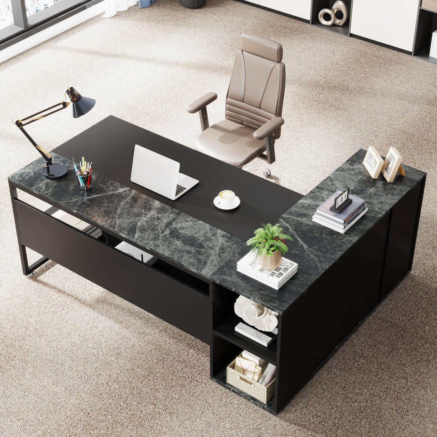 Tribesigns 71 inch Executive Desk, L Shaped Desk with Cabinet Storage, Executive Office Desk with Shelves, Business Furniture Set Workstation for Home Office, Black