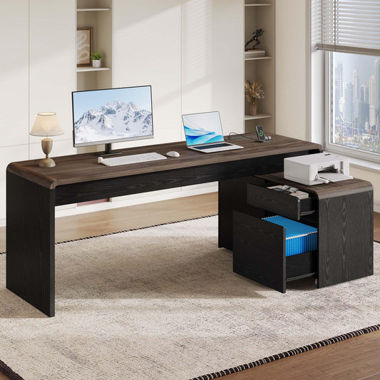 Homiflex Mid-Century Modern 78" L-Shaped Executive Desk with Independent Mobile File Cabinet, Large Home Office Desk with Drawers and 4 AC + 2 USB Power Outlets, Waterfall Edge Design, Black & Walnut