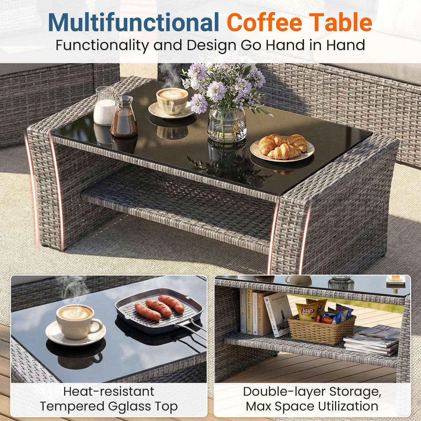 Wisteria Lane Patio Furniture Set, Wicker Outside Outdoor Furniture for All Weather, Patio Sofa with High Backrest Support and Wide Armrest for Backyard, Balcony, Deck, Porch, Ash Gray