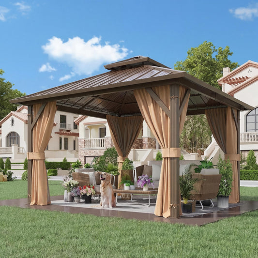 YOLENY 10' x 10' Hardtop Gazebo, Metal Gazebo with Aluminum Frame, Double Galvanized Steel Roof, Curtains and Netting Included, Pergolas for Patios, Garden, Parties, Lawns