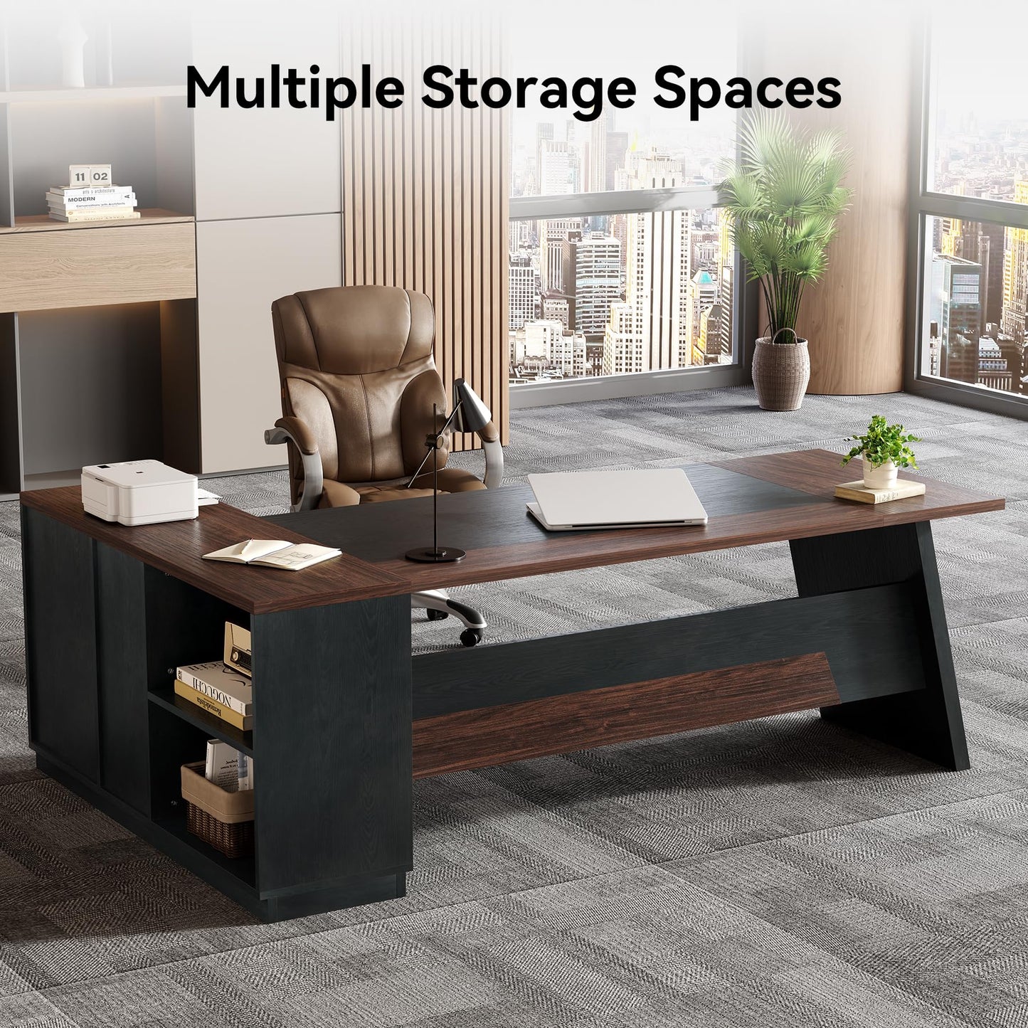 LITTLE TREE 78-Inch Executive Office Desk with File Cabinet, Large Modern Corner Office Desk for Home Office, 3-Drawer Wood File Cabinet, Spacious Workstation for Home Office (Brown & Black)
