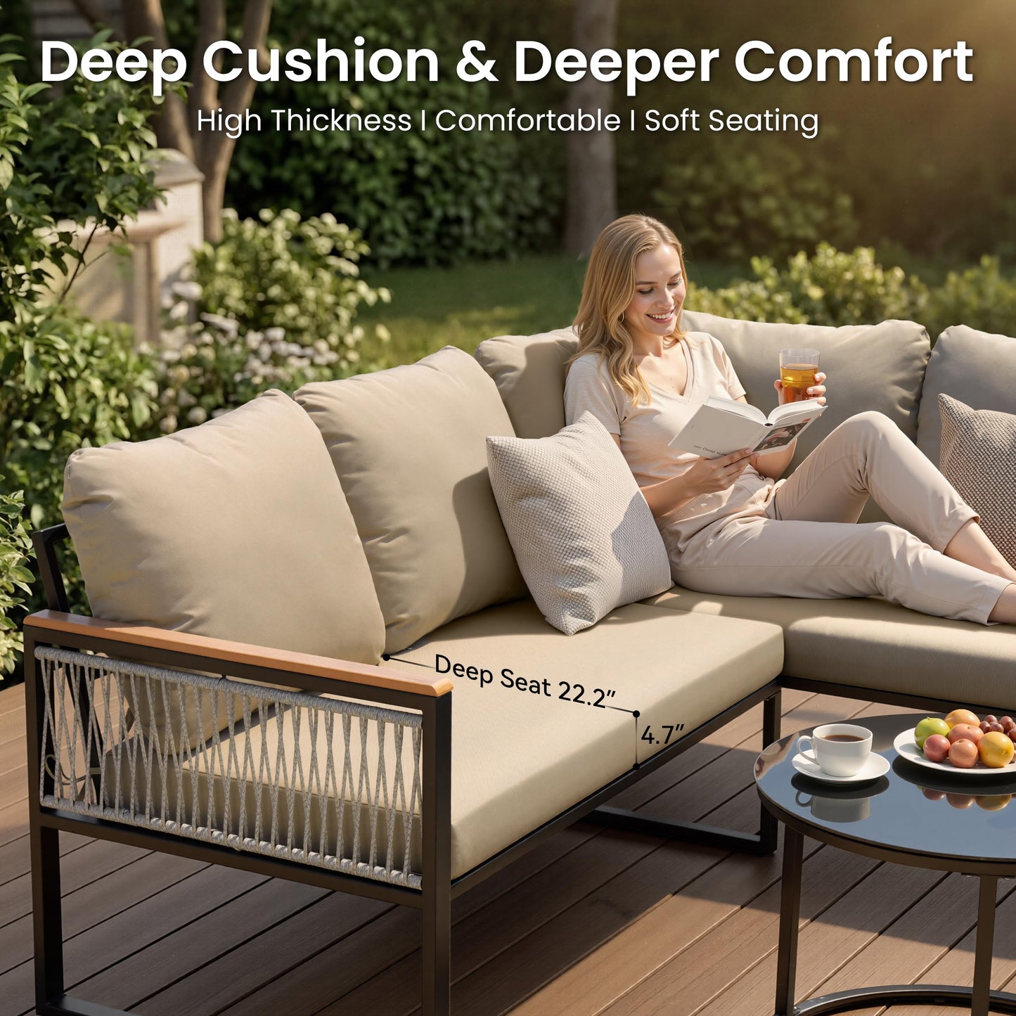 Crestlive 6 Piece Patio Furniture Set, Modern L-Shaped Outdoor Sectional Sofa with Nesting Tables, 4 Inch Thick Cushion, All Weather Resistant Outdoor Furniture Set for Backyard Patio Garden