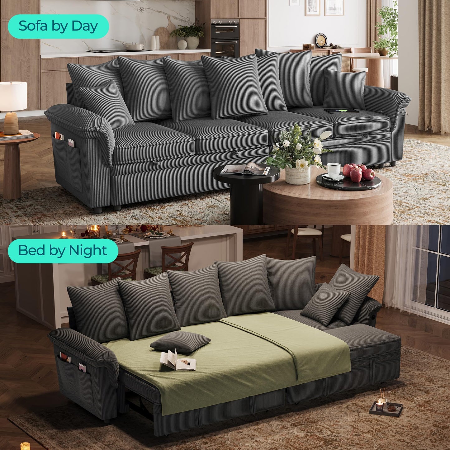LINSY HOME Oversized Sectional Sleeper Sofa with Pull Out Couch Bed (Gray, 110.5'')