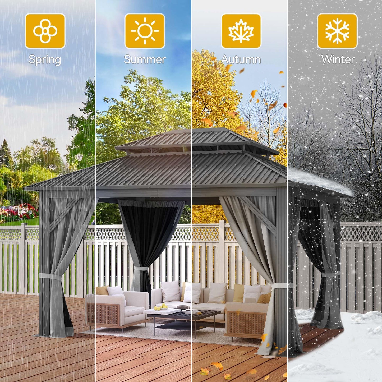 DWVO 12x14ft Hardtop Gazebo Double Roof with Nettings and Curtains, Heavy Duty Galvanized Steel Outdoor Roof for Patio, Backyard, Deck, Lawns, Gray