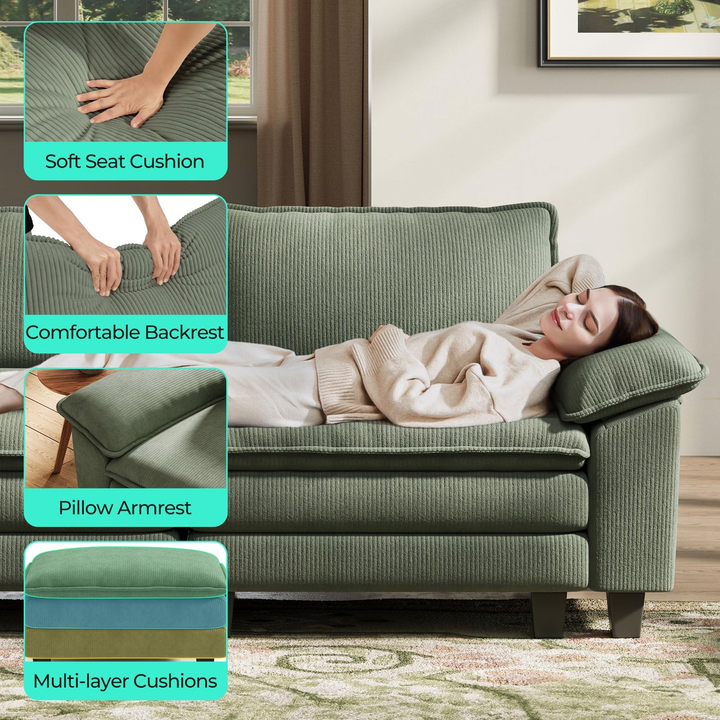 LINSY HOME Modular Sectional Sofa - 123 Inch Oversized Corduroy Cloud Couch with Movable Ottoman Soft Modern Comfy Sofa Set for Living Room Apartment Office, Green