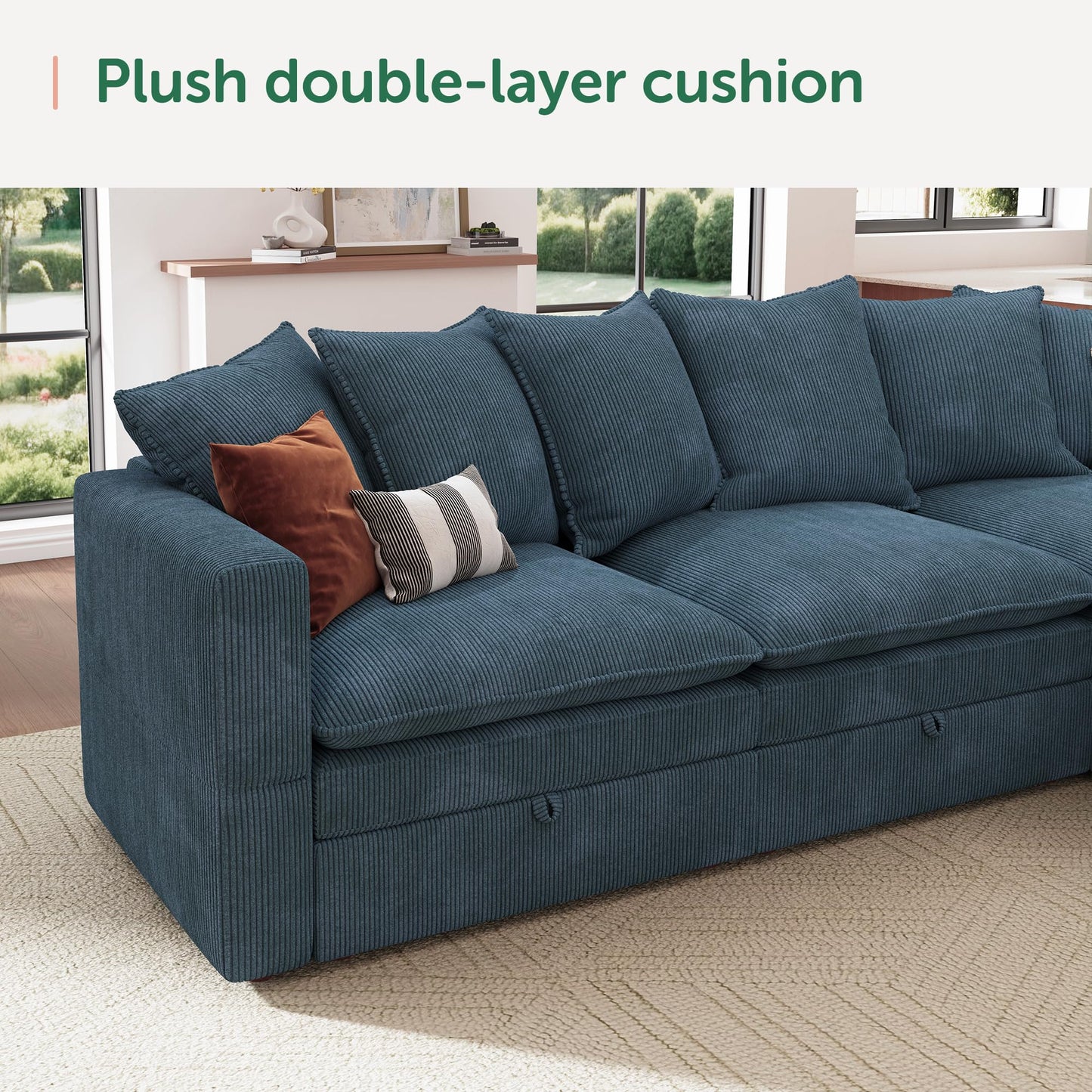 HONBAY Modular Sectional Sofa, 6 Seat U Shaped Corduroy Couch with Storage & Pillows, Convertible Sectional Couches for Living Room, Blue