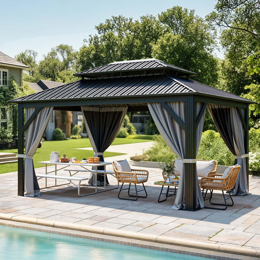 YITAHOME 16X12FT Patio Hardtop Metal Gazebo with Nettings and Curtains, Heavy Duty Double Roof Galvanized Steel Outdoor Waterproof Gazebo for Patio, Backyard, Deck, Gray