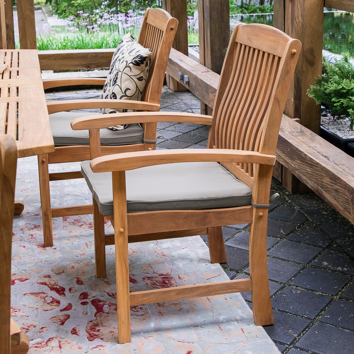 Cambridge Casual Caterina Teak Wood 6-Piece Outdoor Dining Set with Bench, Armchairs, and Beige Cushions, Weather-Resistant Natural Teak Garden Furniture for Porch, Deck, or Backyard