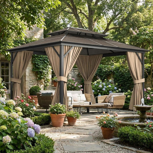 10'X13' Hardtop Gazebo, Galvanized Steel Aluminum Frame with Double Roof, Heavy-Duty Outdoor Patio Gazebo with Curtains & Netting for Backyard, Deck, Porch, Garden, Lawn, Khaki
