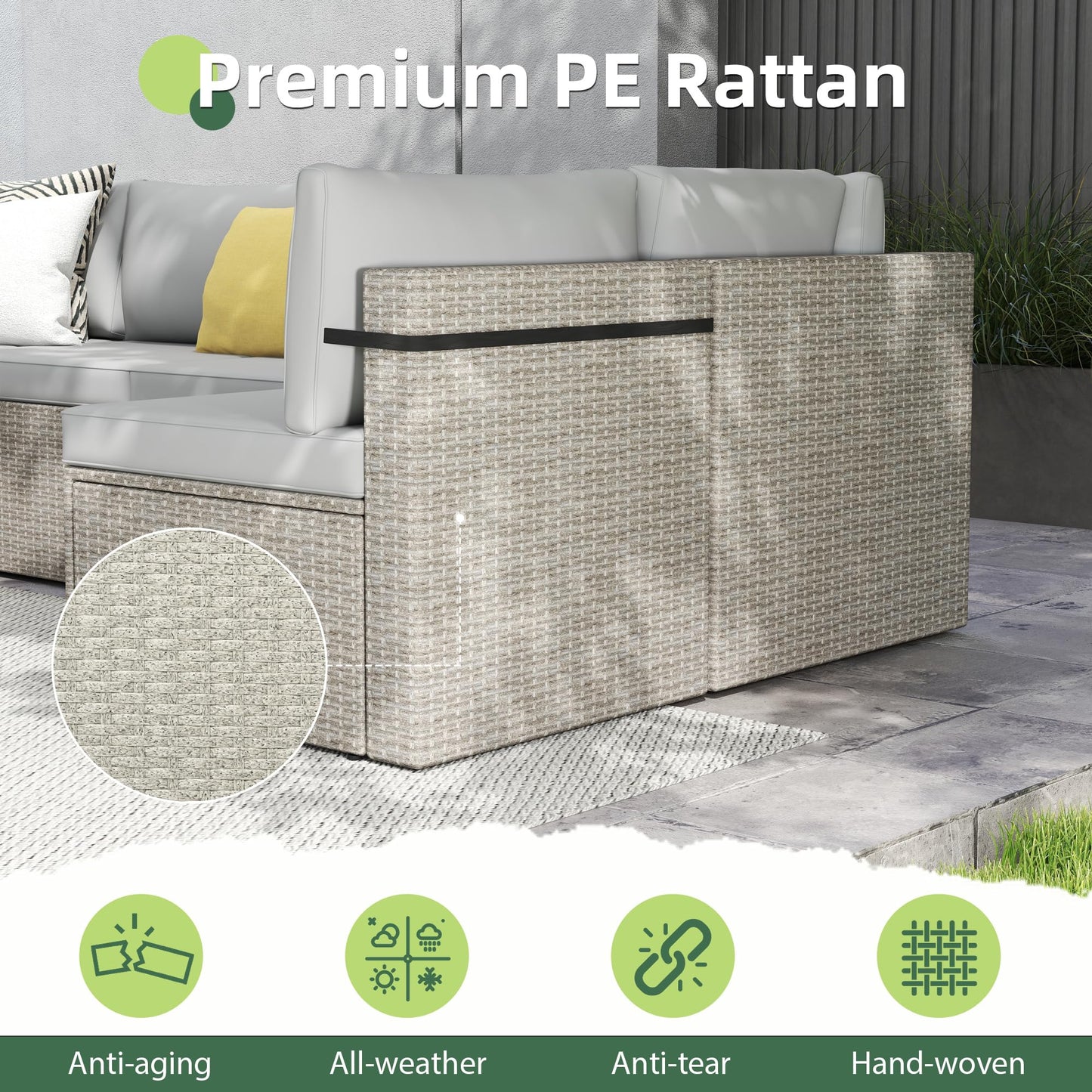 PATIOPIA 7-Piece Outdoor Sectional Sofa Set, Weather-Resistant Patio Furniture Set with Washable Cushions and Coffee Table, Grey Rattan Patio Conversation Set for Poolside, Backyard, Deck (Grey)