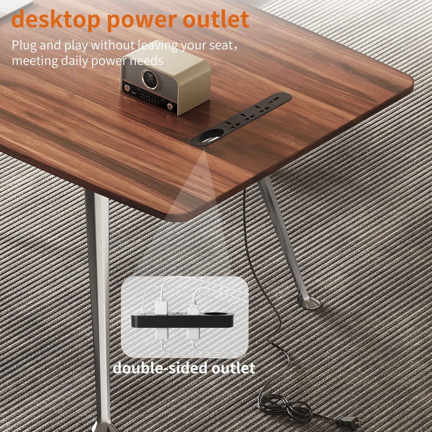 Writing Computer Desk, 60-Inch Large Executive Desk Office Workstation with Chrome-Plated Legs and Built-in Power Outlet, Writing Table Business Furniture, Modern Minimalist Style for Home Office