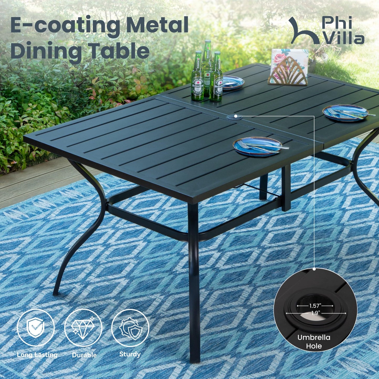 PHI VILLA Patio Dining Set for 6, Swivel Dining Chairs with Padded Textilene and Large Metal Table (1.57'' Umbrella Hole), All Weather Table and Chairs for Outdoor Lawn (Blue)