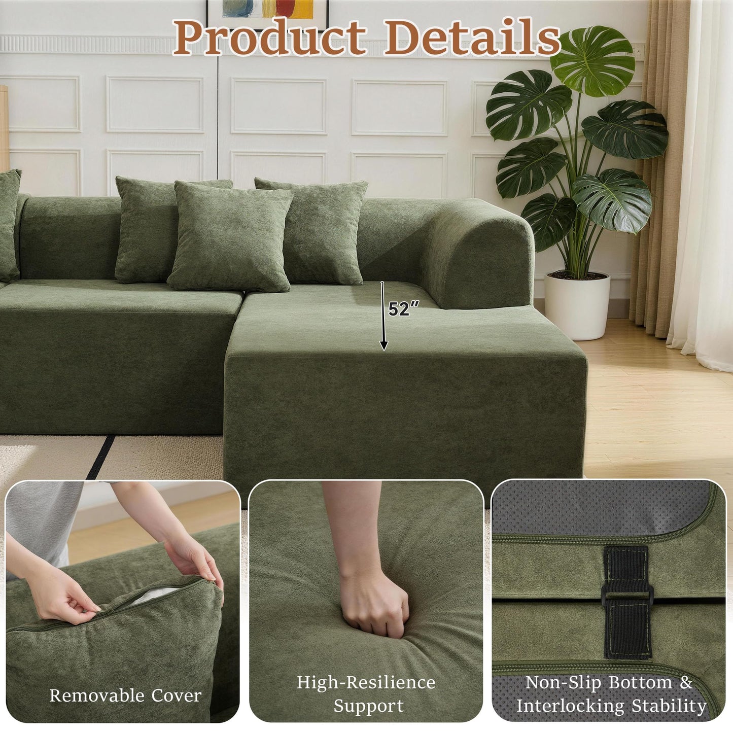 CACFTII 140" Oversized Boneless Couch, Curved Cloud Sectional Couch with L-Shape Chaise, Compressed Memory Foam Couch, Velvet Modular Sectional Sofa for Living Room, No Assembly Required, Green