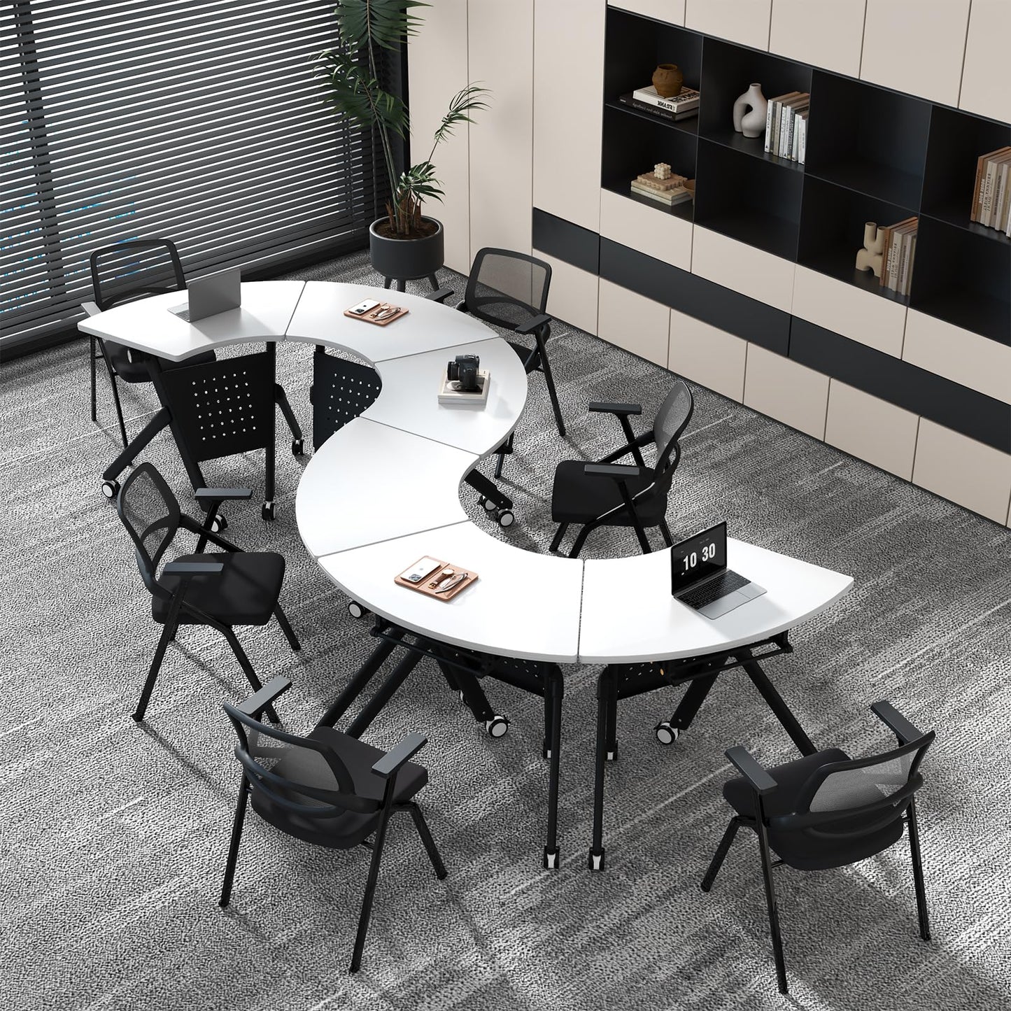 JFazzruit Folding Conference Table,Fan-Shaped Conference Room Tables with Wheels, Mobile Modular Seminar Meeting Desk for Classrooms,Office & Seminar (6, Fan-White)