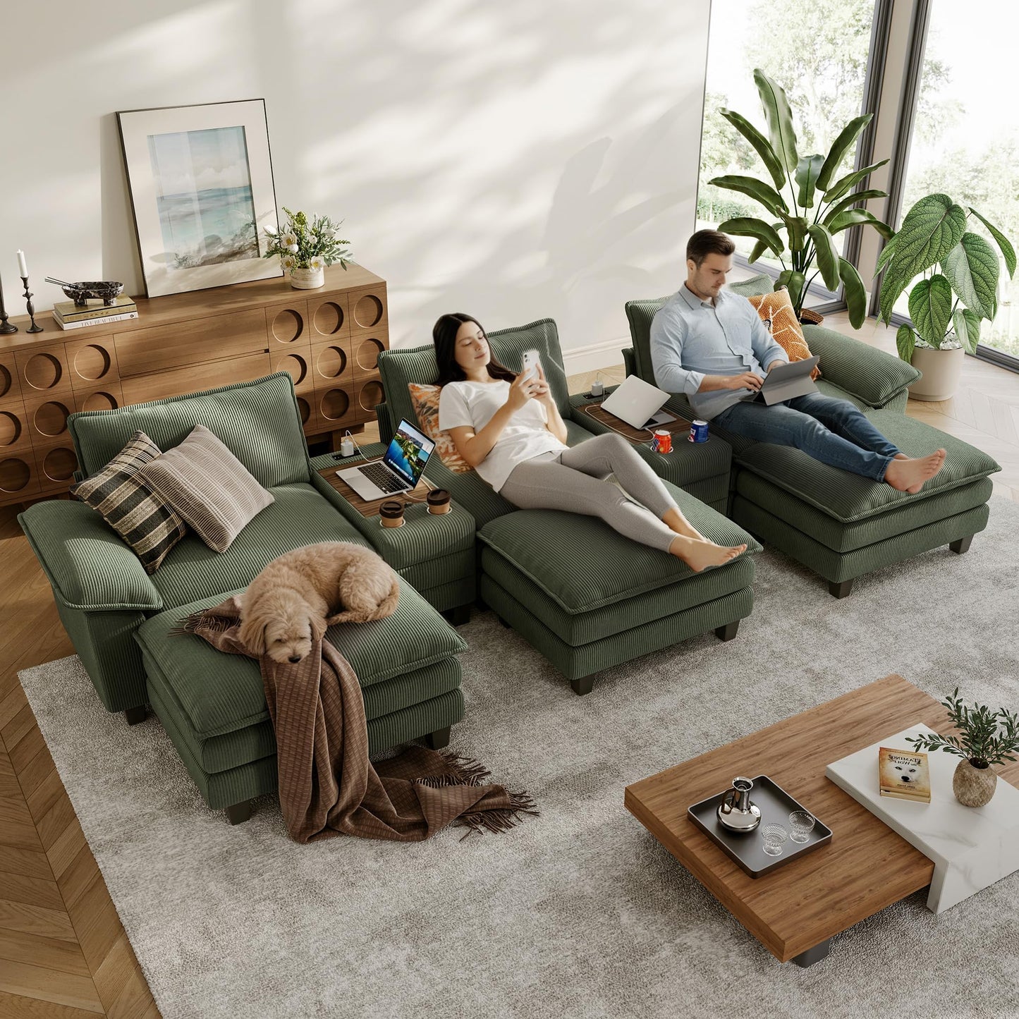 LINSY HOME Modular Sectional Sofa for Living Room, Corduroy Cloud Couch with Storage Console, USB Charging, Cup Holders, Comfy Modern Modular Cloud Couches with Movable Ottoman (Green)