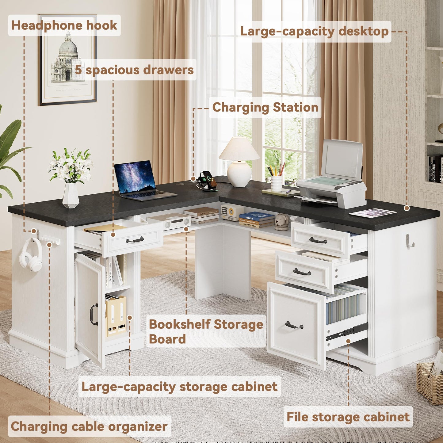 Jocoevol L-Shaped Executive Desk with Drawers, 59" Farmhouse Home Office Desk with File Cabinet, Computer Desk with Charging Station & Headphone Hook for Work/Study/Writing (White & Black)