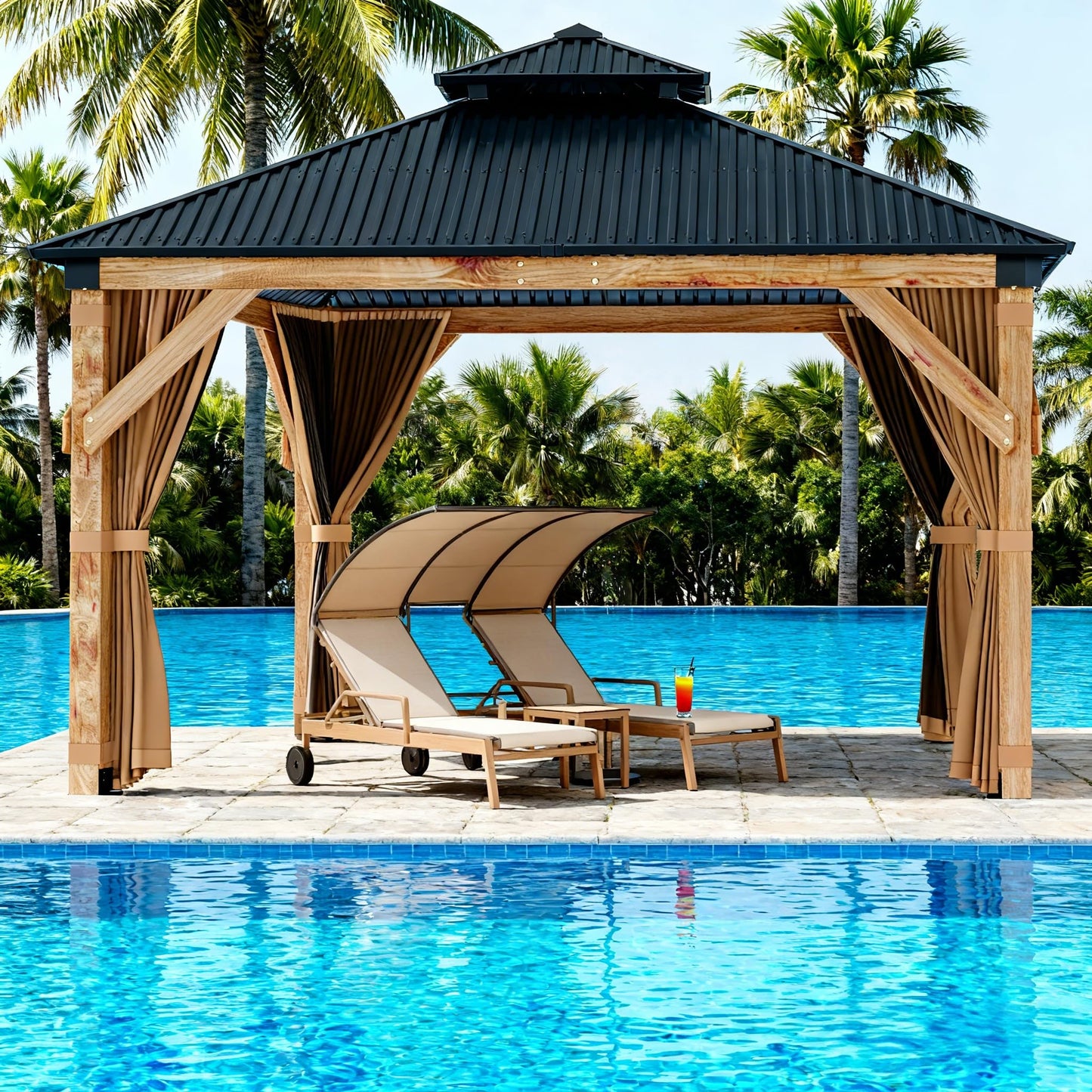 10x12 FT Hardtop Wooden Gazebo with Galvanized Steel Double Roof, Aluminum Frame, Mosquito Netting & Curtains – Durable Outdoor Pavilion for Patio, Backyard, Deck & Lawn
