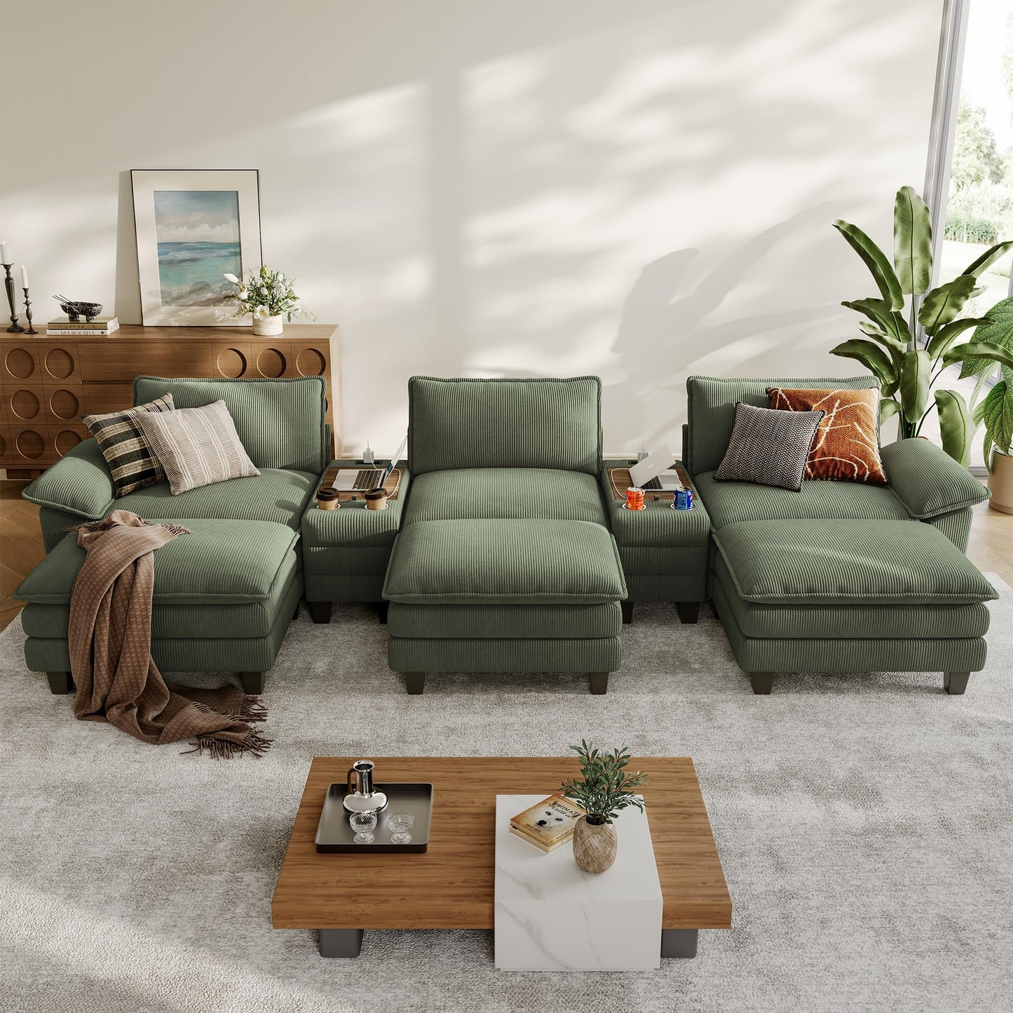 LINSY HOME Modular Sectional Sofa for Living Room, Corduroy Cloud Couch with Storage Console, USB Charging, Cup Holders, Comfy Modern Modular Cloud Couches with Movable Ottoman (Green)