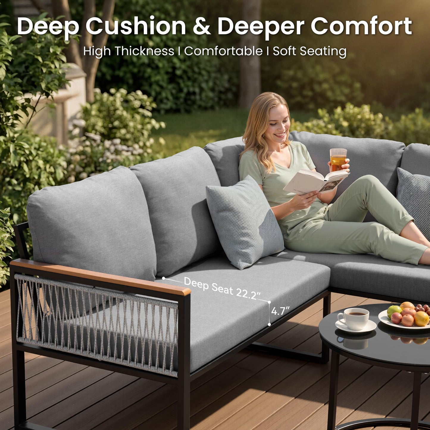 Crestlive 6 Piece Patio Furniture Set, Modern L-Shaped Outdoor Sectional Sofa with Nesting Tables, 4 Inch Thick Cushion, All Weather Resistant Outdoor Furniture Set for Backyard Patio Garden