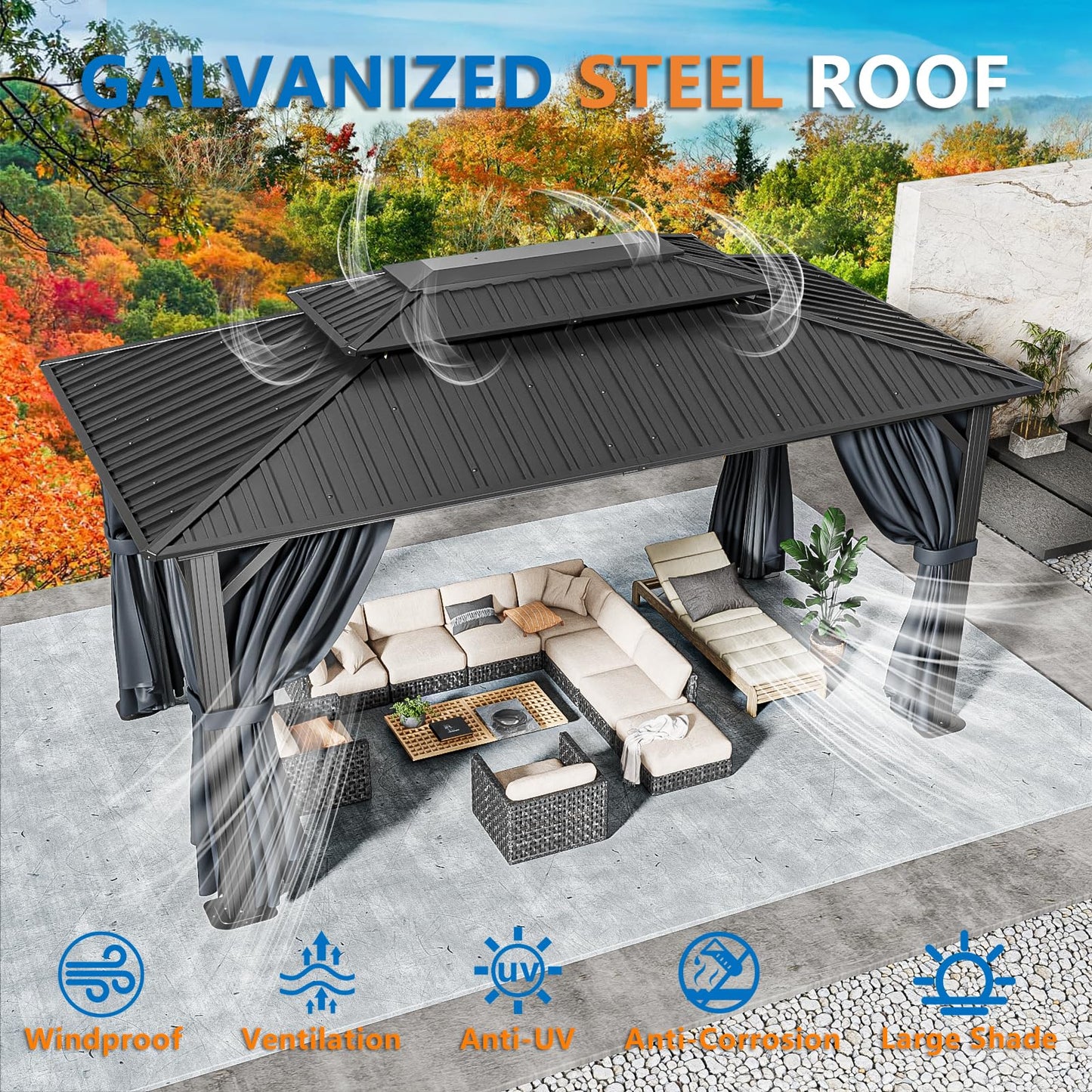 HOTEEL 10x15 Hardtop Gazebo On Clearance with Heavy Duty Galvanized Steel Metal Roof, Patio Hard Top Gazebo with Curtains & Netting,Outdoor Permanent Hot tub Gazebo Pavillon for Backyard,Deck,Black