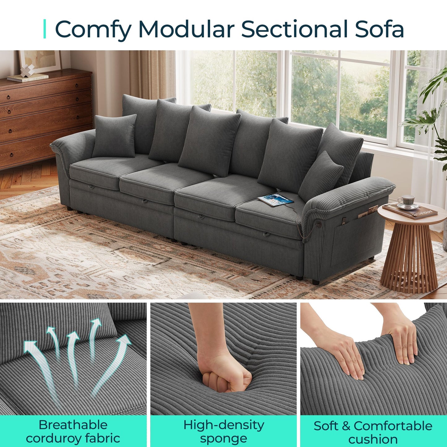LINSY HOME Oversized Sectional Sleeper Sofa with Pull Out Couch Bed (Gray, 110.5'')