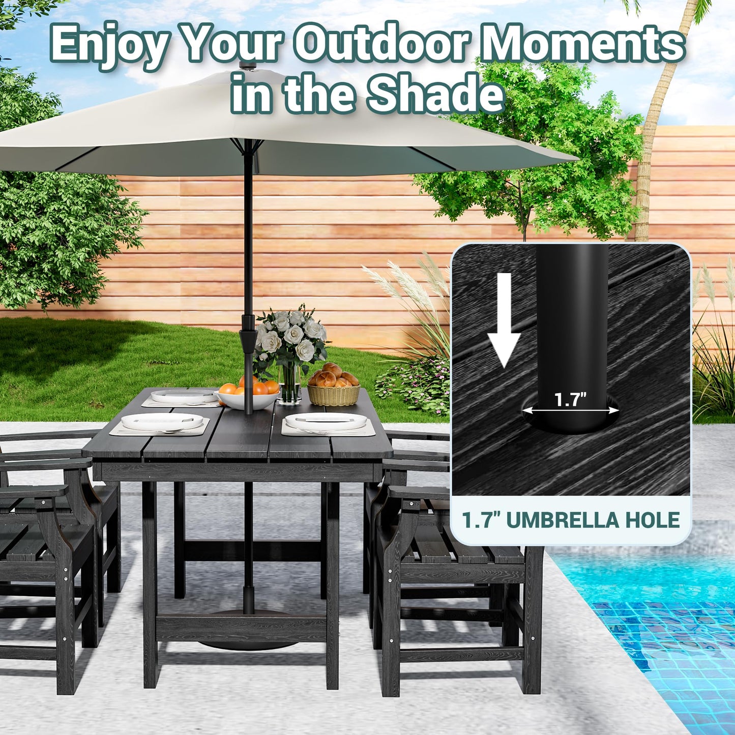 Pamapic 5-Piece Outdoor Dining Set, HDPE Outdoor Rectangular Table and 4 Chairs, Wood Grain Patio Furniture Sets with Armrest, All-Weather Patio Dining Table with Umbrella Hole, Black