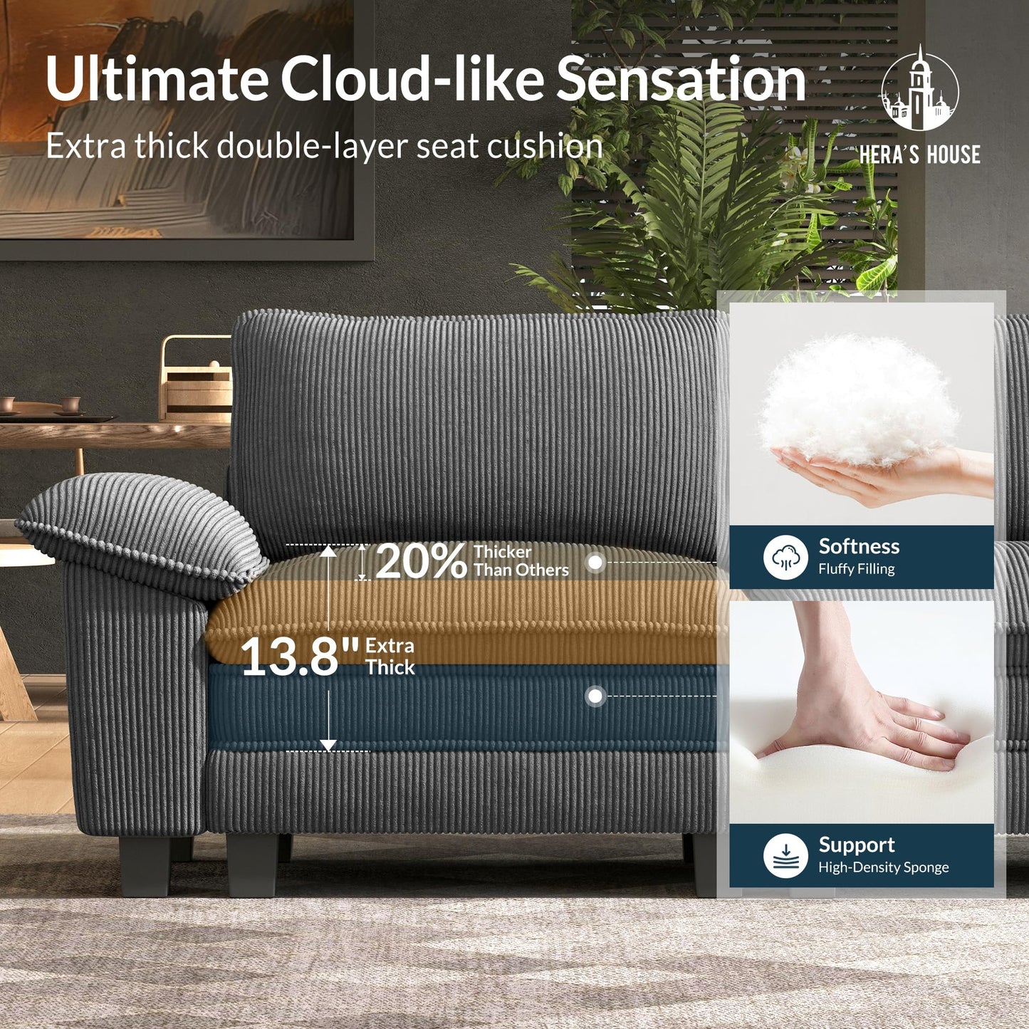 HERA'S HOUSE 158" Modular Sectional Sofa, Oversized U Shaped Couches for Living Room, Comfy Cloud Couch with Ottoman, 6-Seater Deep Seat Sofa with Throw Pillow, Corduroy Grey
