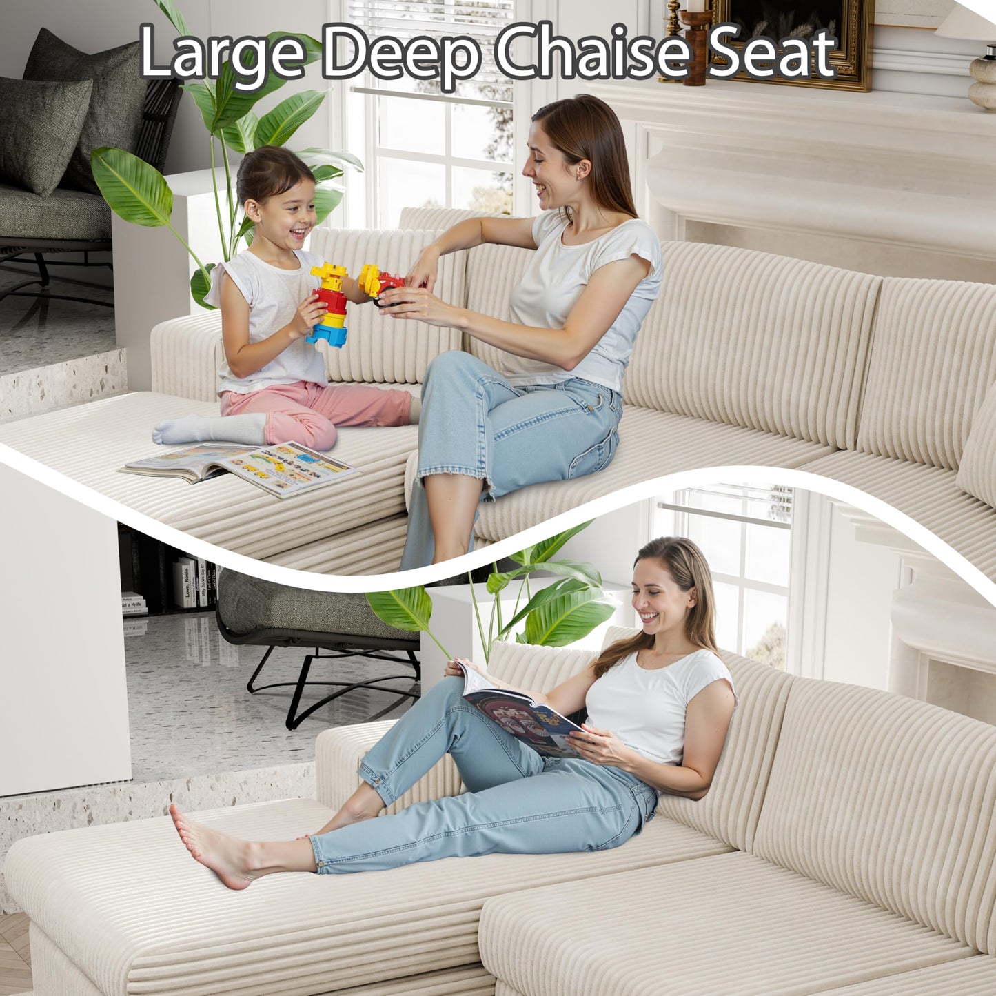 105" Boneless Couches for Living Room, L Shaped Modular Sectional Sofa Couch with Deep Seat, Cloud Foam Couch with Oversized Chaise, Plush Corduroy Sofa No Assembly Needed