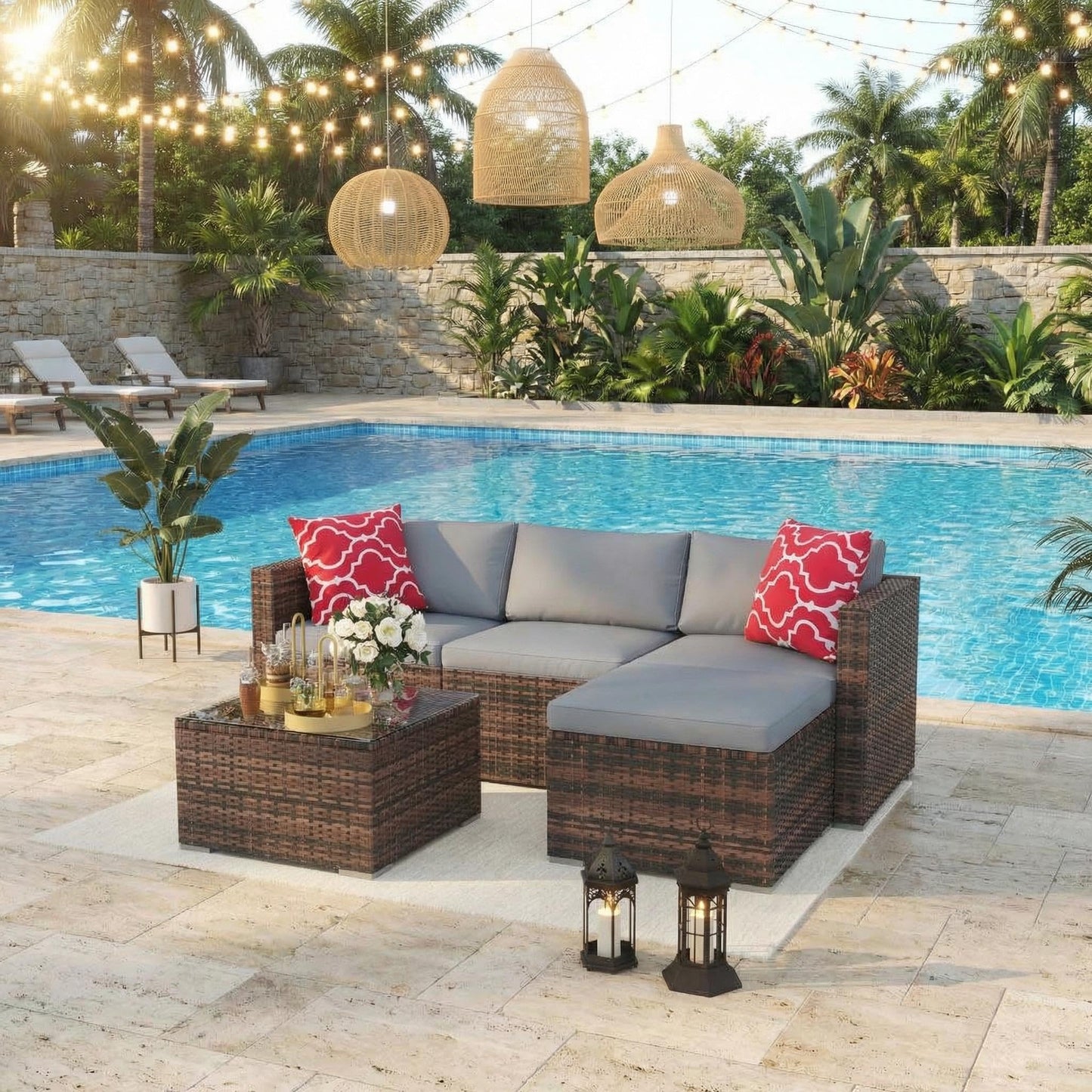 5-Piece Patio Sectional Sofa Set, All-Weather Brown PE Rattan Outdoor Conversation Furniture with Neutral-Tone Cushions, Glass Coffee Table & Footstool, Modular Design for Garden, Porch, Balcony, Pool