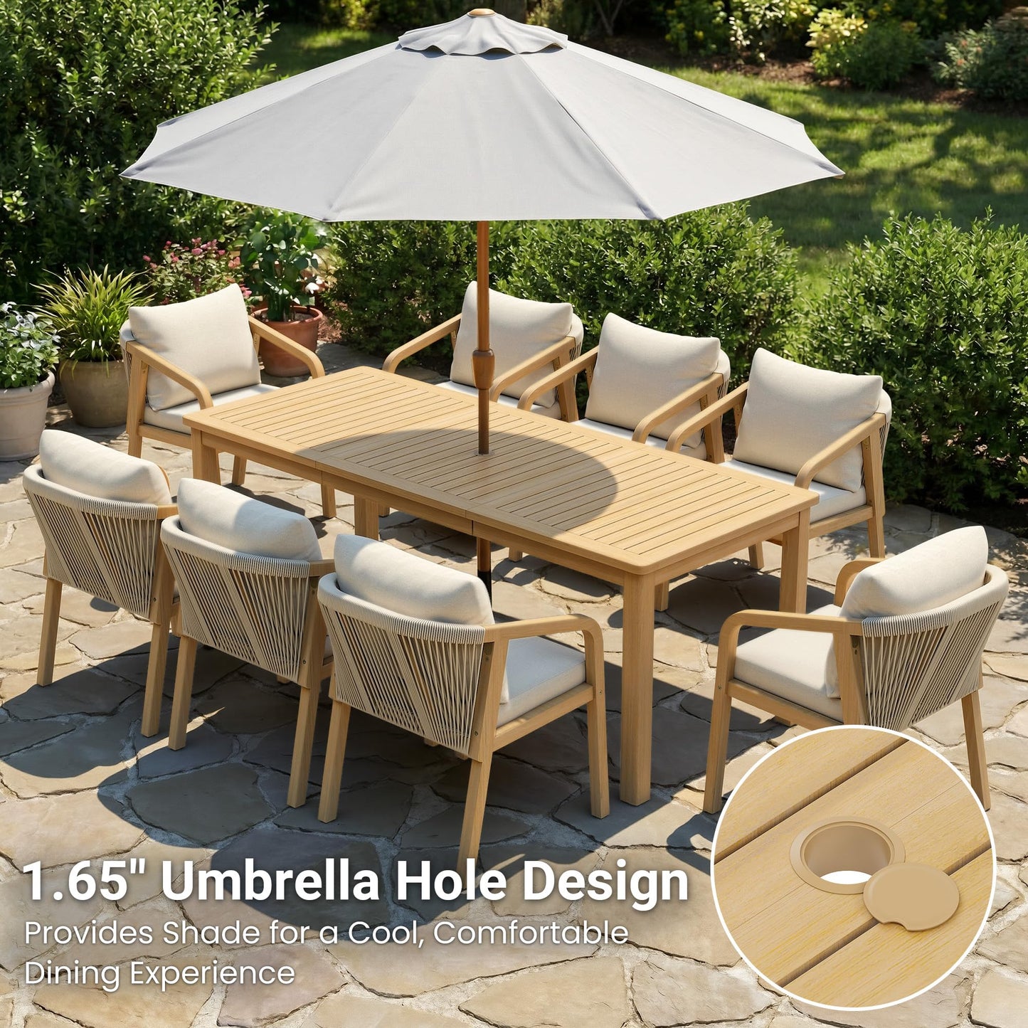 6-Piece Acacia Patio Table and Chairs Set with 23" Extra Wide Chair and Removable Cushion，Outdoor Dining Sets for 6, All-Weather Solid Wood Outdoor Patio Furniture Set for Garden Lawn, Beige