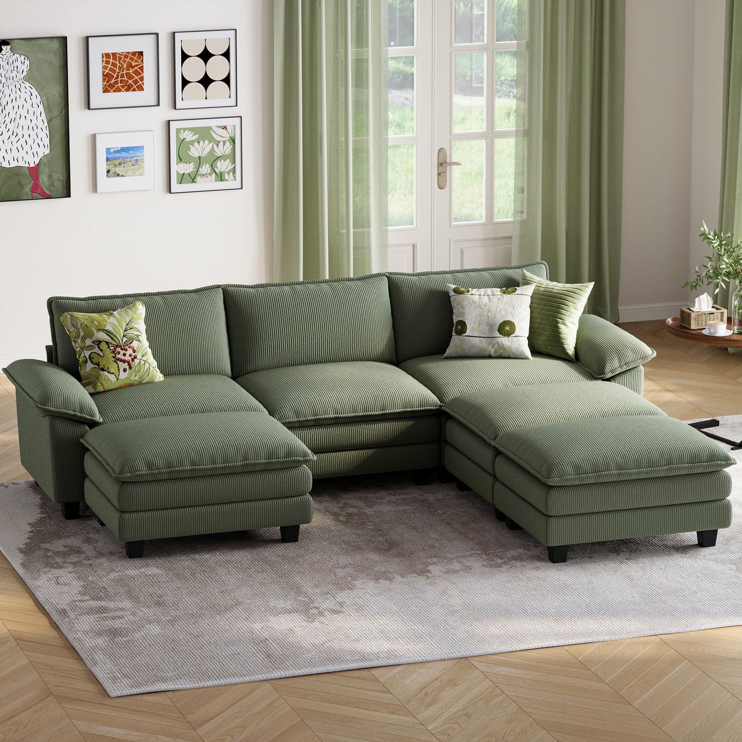 LINSY HOME Modular Sectional Sofa - 123 Inch Oversized Corduroy Cloud Couch with Movable Ottoman Soft Modern Comfy Sofa Set for Living Room Apartment Office, Green