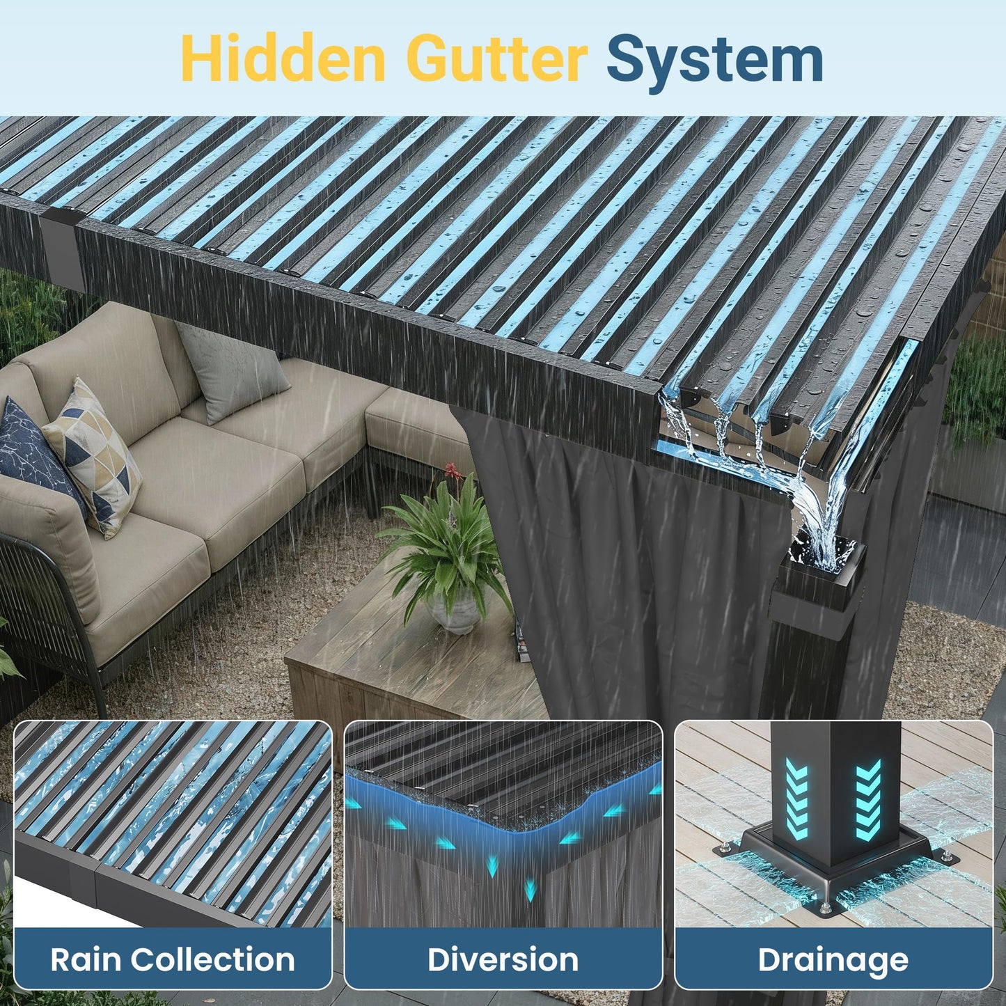 10' x 12' Louvered Pergola, Metal Outdoor Pergola with Adjustable Louvered Roof, Curtains & Netting, Patio Hardtop Gazebo with Gutter System for Deck, Garden, Yard, Dark Gray