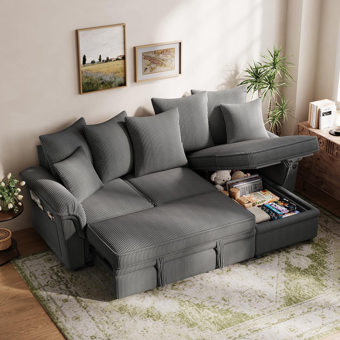LINSY HOME 90.5'' Sectional Sleeper Sofa with Pull Out Couch Bed Modular (Gray, 90.5'')