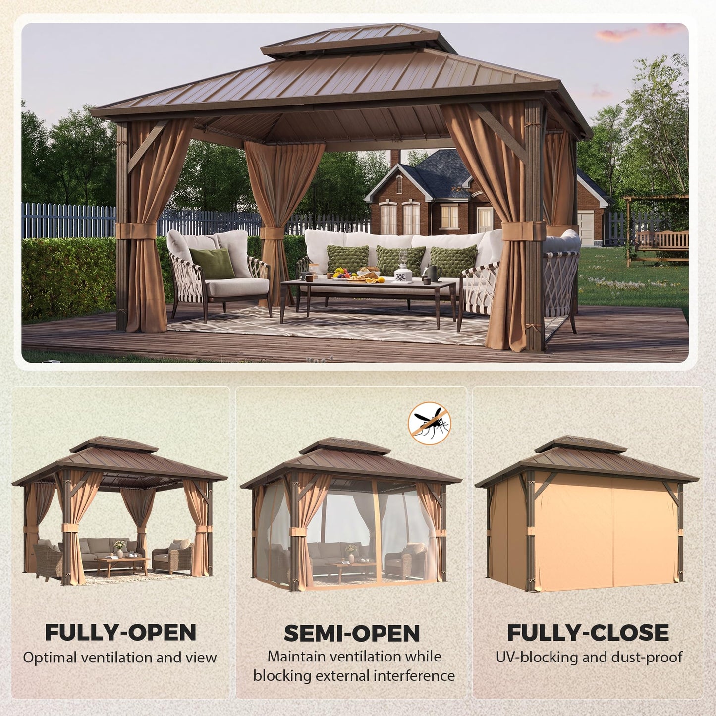 YOLENY 10' x 12' Hardtop Gazebo, Metal Gazebo with Aluminum Frame, Double Galvanized Steel Roof, Curtains and Netting Included, Pergolas for Patios, Garden, Parties, Lawns