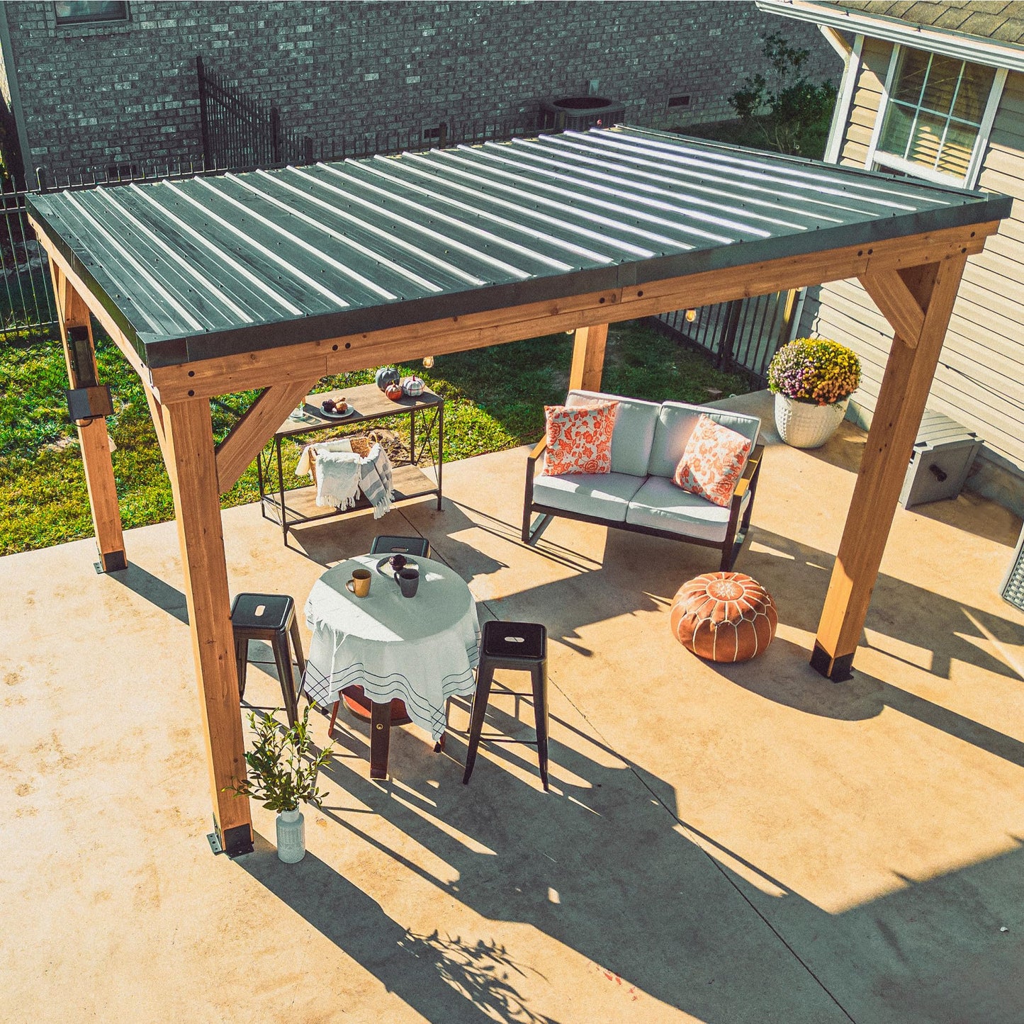 Backyard Discovery Arcadia 12' x 9.5' Cedar Wood Outdoor Gazebo Pavilion with Hardtop Galvanized Steel Slope Roof, Snow Support, Wind Resistance, PowerPort, Shade for Garden, Patio, Deck, Entertaining