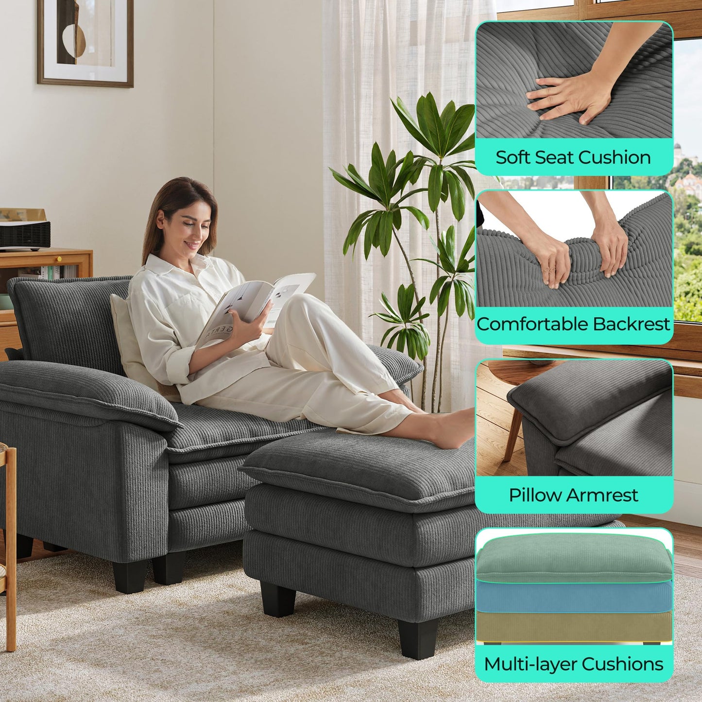 LINSY HOME Cloud Sofa Accent Chair with Ottoman Chaise Lounge Chair Indoor, Corduroy Couch Sofa Chair for Living Room Apartment Bedroom Office, Grey