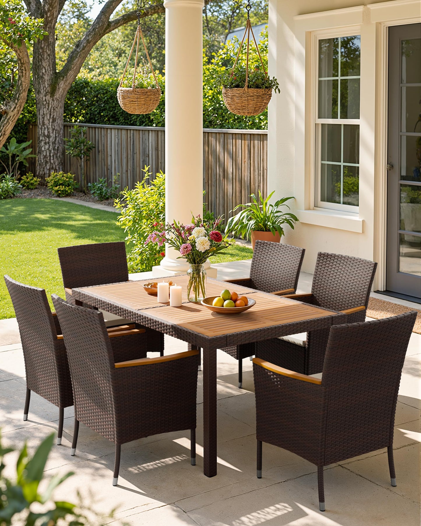Flamaker 7 Piece Patio Dining Set Outdoor Acacia Wood Table and Chairs with Soft Cushions Wicker Patio Furniture for Deck, Backyard, Garden (Brown)