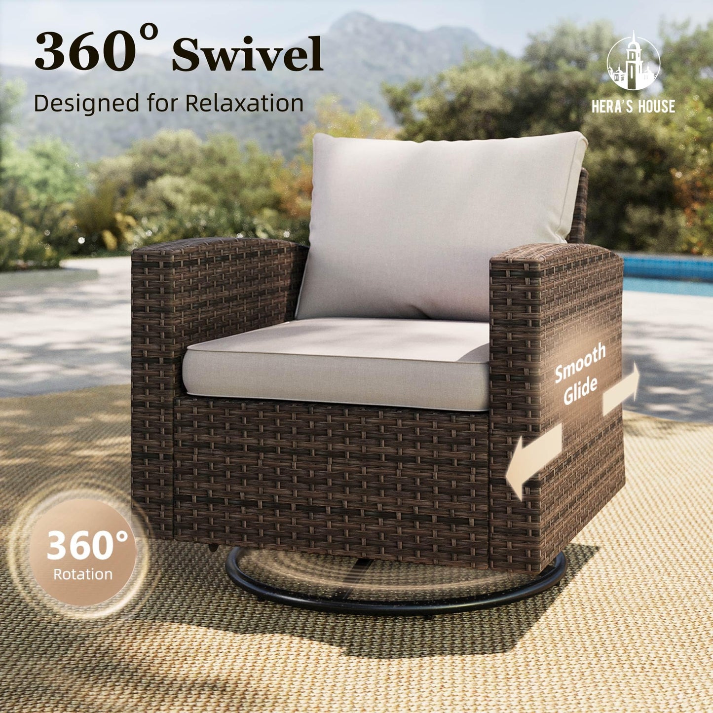 HERA'S HOUSE Swivel Glide Patio Furniture Set with 56" Fire Pit Table, 6 Pieces Outdoor Wicker Sectional Conversation Sofa Sets for Lawn Backyard Deck, Beige