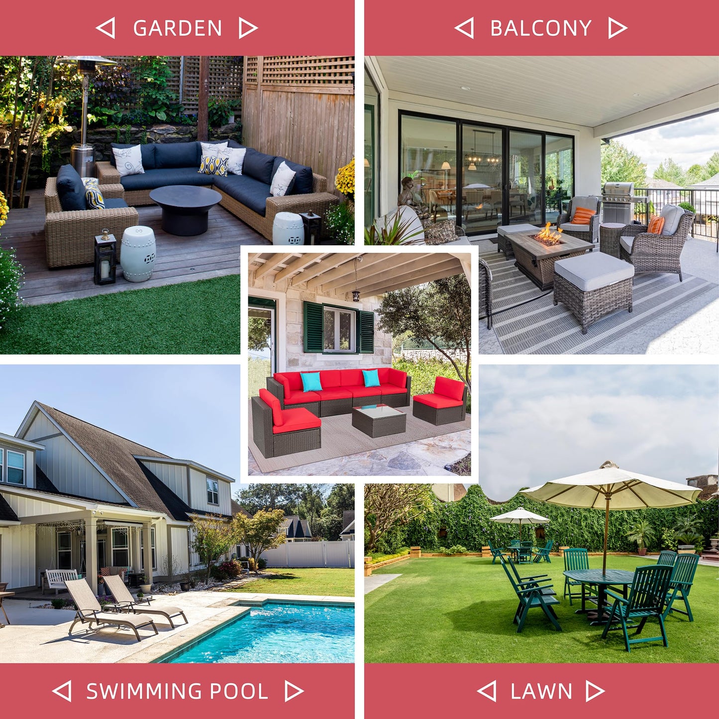 Shintenchi 7 Pieces Patio Furniture Sets Outdoor All-Weather Sectional Patio Sofa Set PE Rattan Manual Weaving Wicker Patio Conversation Set with Glass Table&Ottoman Cushion and Red Pillows, Red