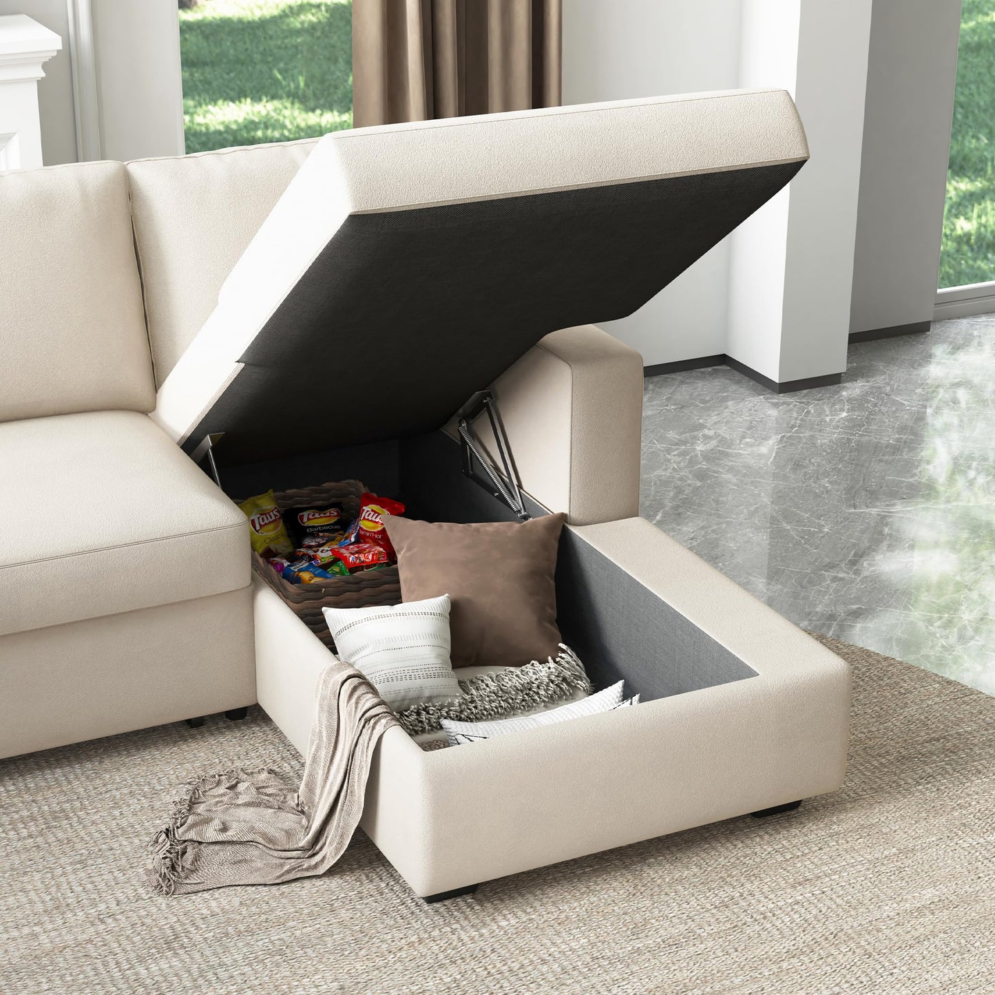 HONBAY Sectional Sleeper Sofa with Pull-Out Bed Storage Chaise, 6 Seaters Couch for Living Room, Beige