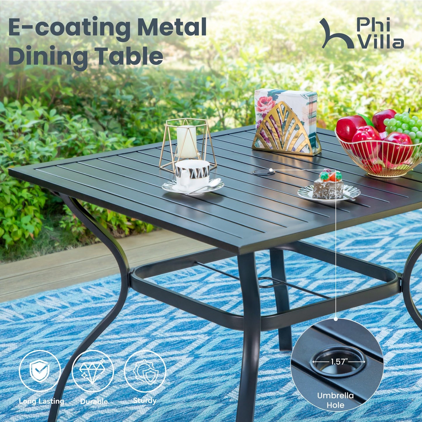 PHI VILLA 5 PCS Patio Dining Set with 4 Padded Outdoor Swivel Dining Chairs(Blue) and 37"x 37" Metal Steel Dining Table(1.57" Umbrella Hole), Outdoor Dining Table & Chairs Set for Deck Lawn Garden