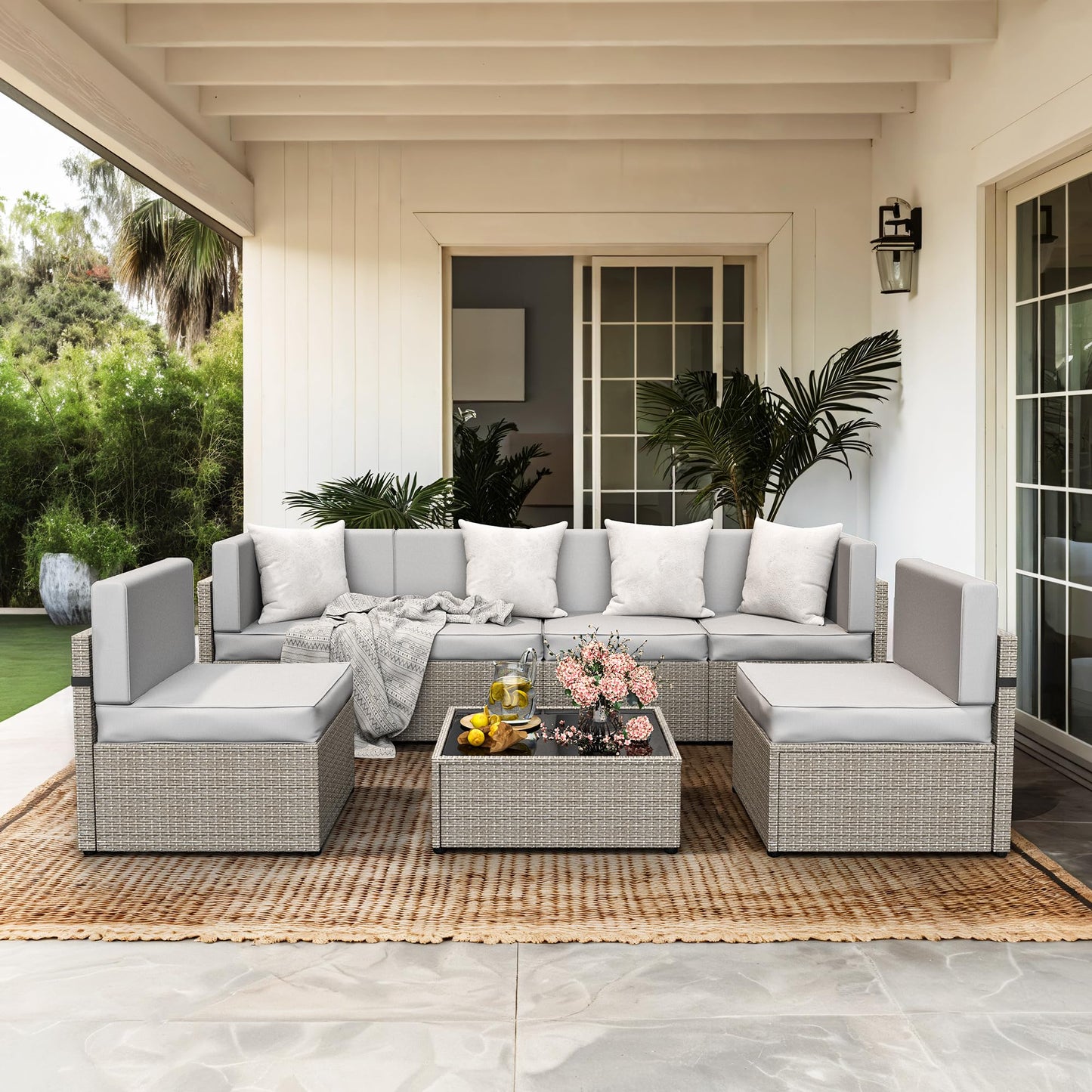 Pamapic 7 Piece Outdoor Sectional Furniture Set, All-Weather Wicker Patio Furniture with Washable Cushions, Waterproof Gray Rattan Conversation Sofa Set for Backyard, Poolside, Garden