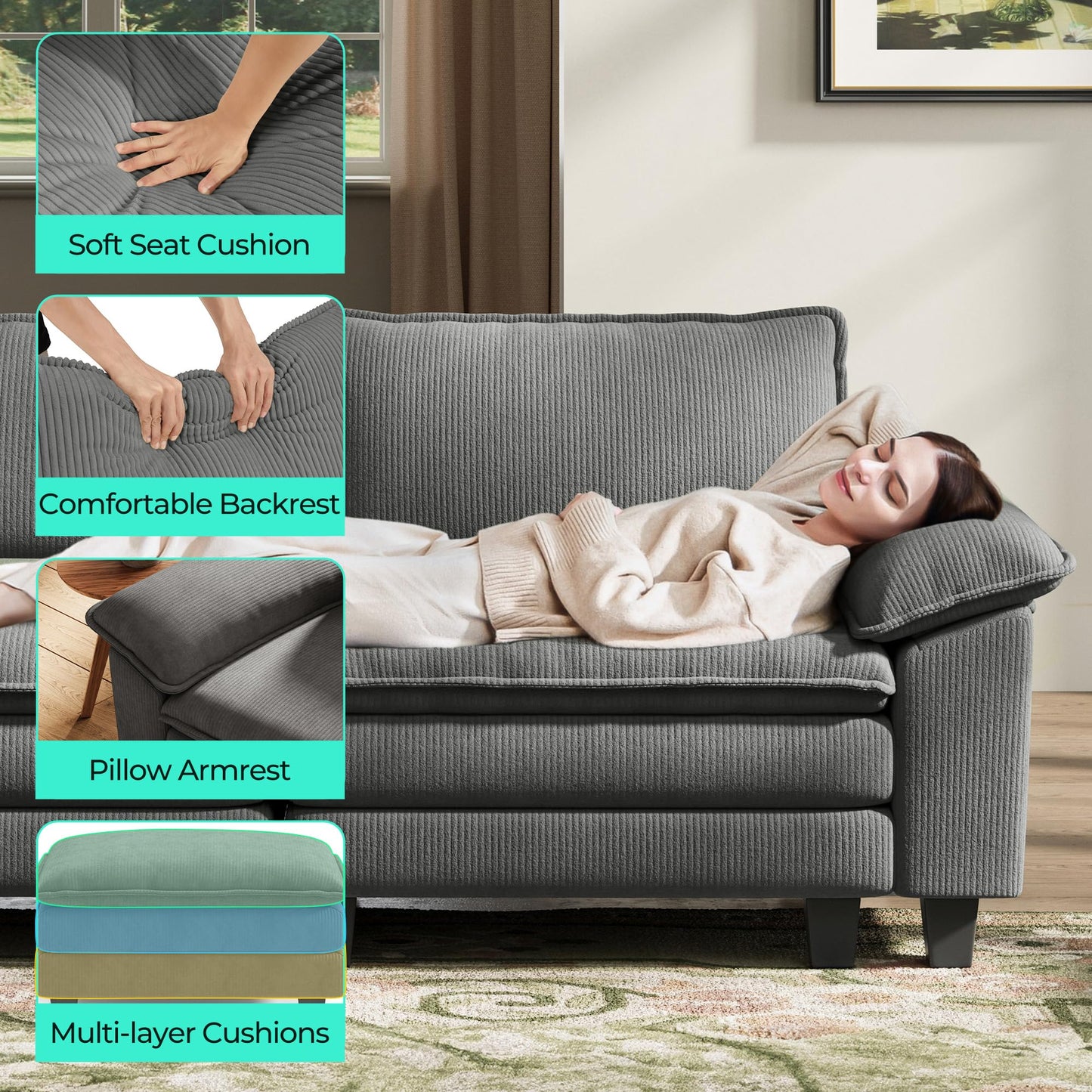 LINSY HOME Modular Sectional Sofa - 90 Inch Oversized Corduroy Cloud Couch with Movable Ottoman Soft Modern Comfy Sofa Set for Living Room Apartment Office, Grey