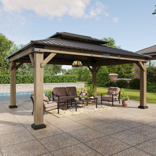 Aoxun 12' x 16' Outdoor Wood Gazebo, Hardtop Gazebo Permanent Wooden Pavilion with Galvanized Steel Double Roof, for Patio, Garden, Backyard, Cedar Wood, Grey